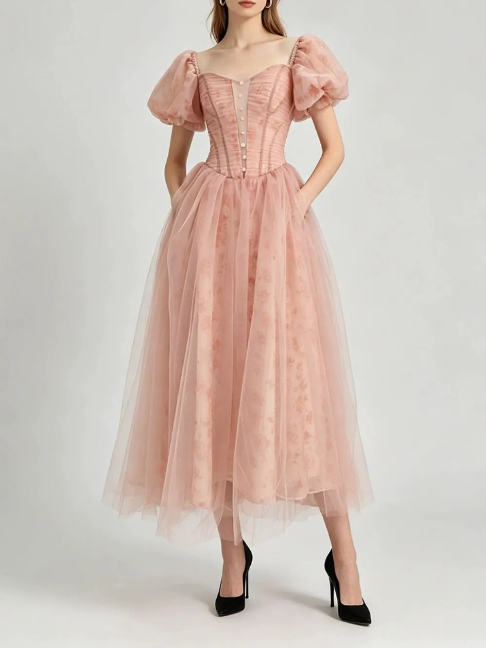 Mahlah Puff Sleeve Mesh Midi Dress - OWNCI