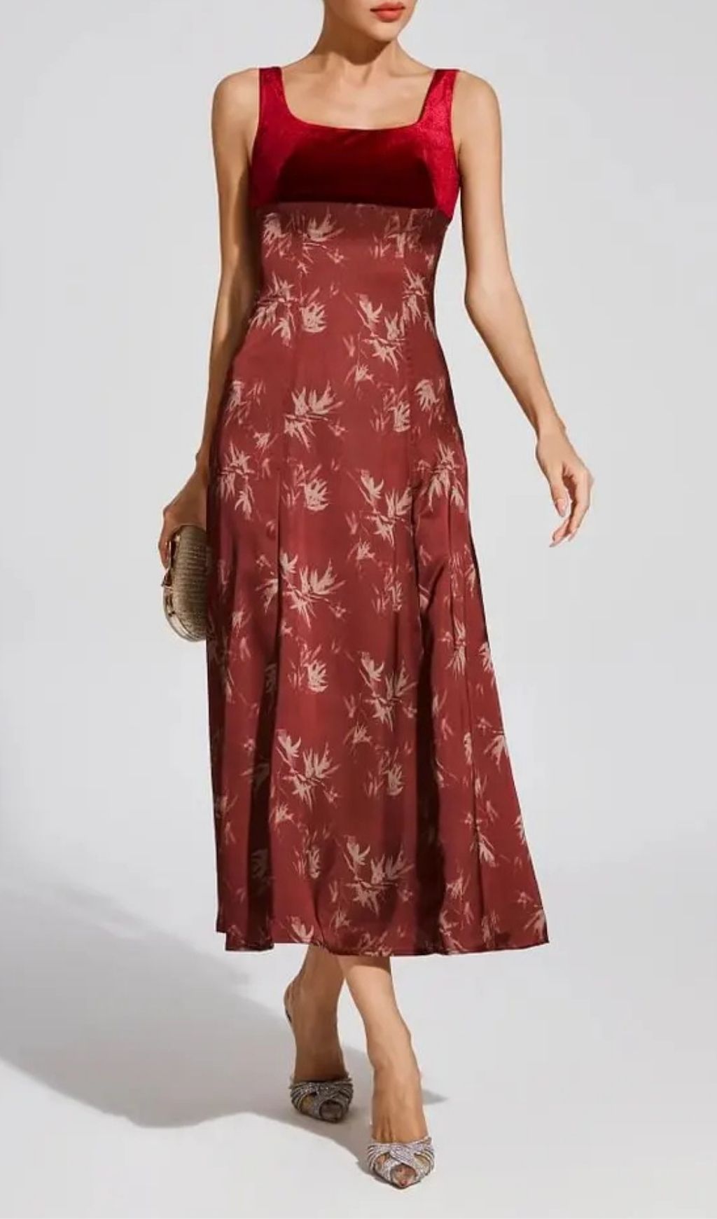 Lucy Retro Square Neck Print Suspender Midi Dress – Burgundy - OWNCI