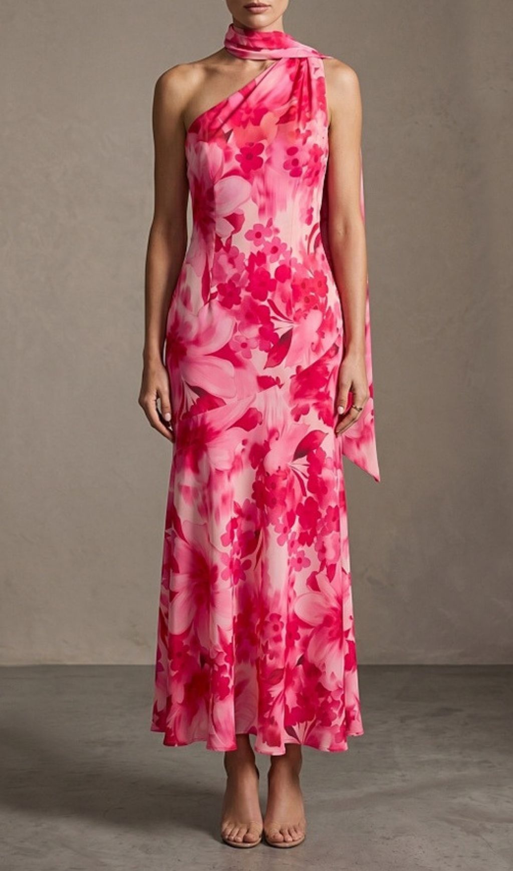 One-Shoulder Floral Mermaid Maxi Dress In Red