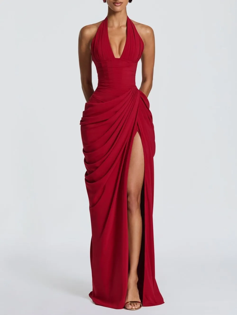 Maha Red Halter Corset Ruched Maxi Dress