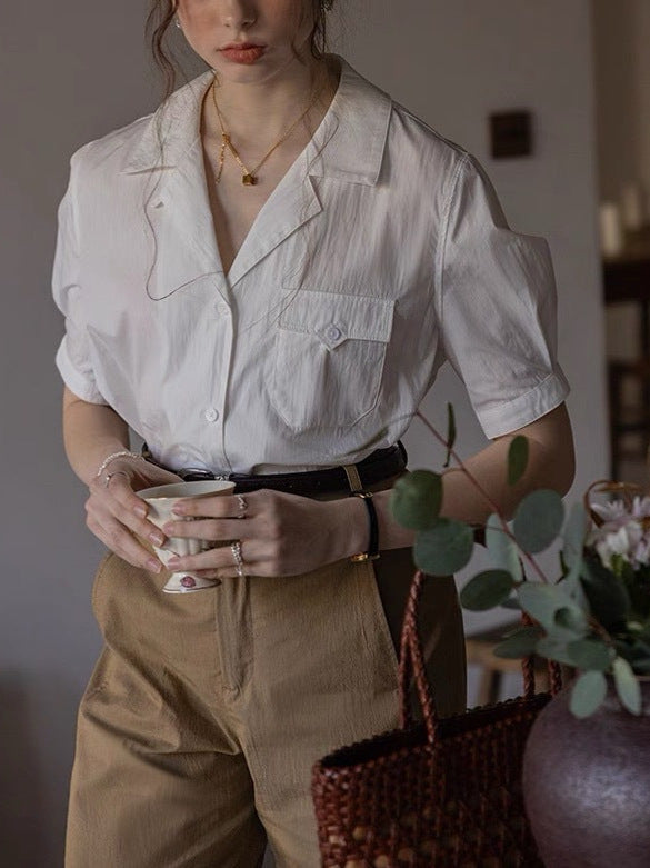 White Short-Sleeve Cotton Brocade Textured Shirt Top