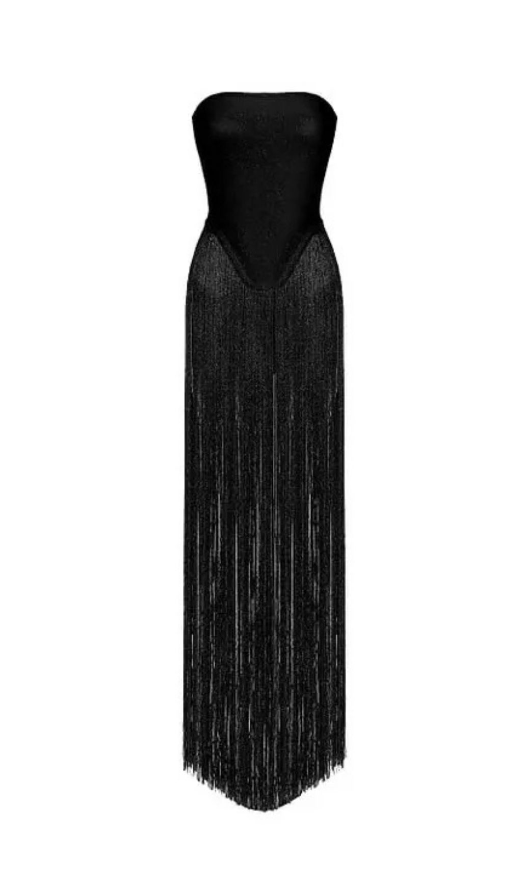 Helen Bodysuit Fringe Strapless Mini Dress In Black