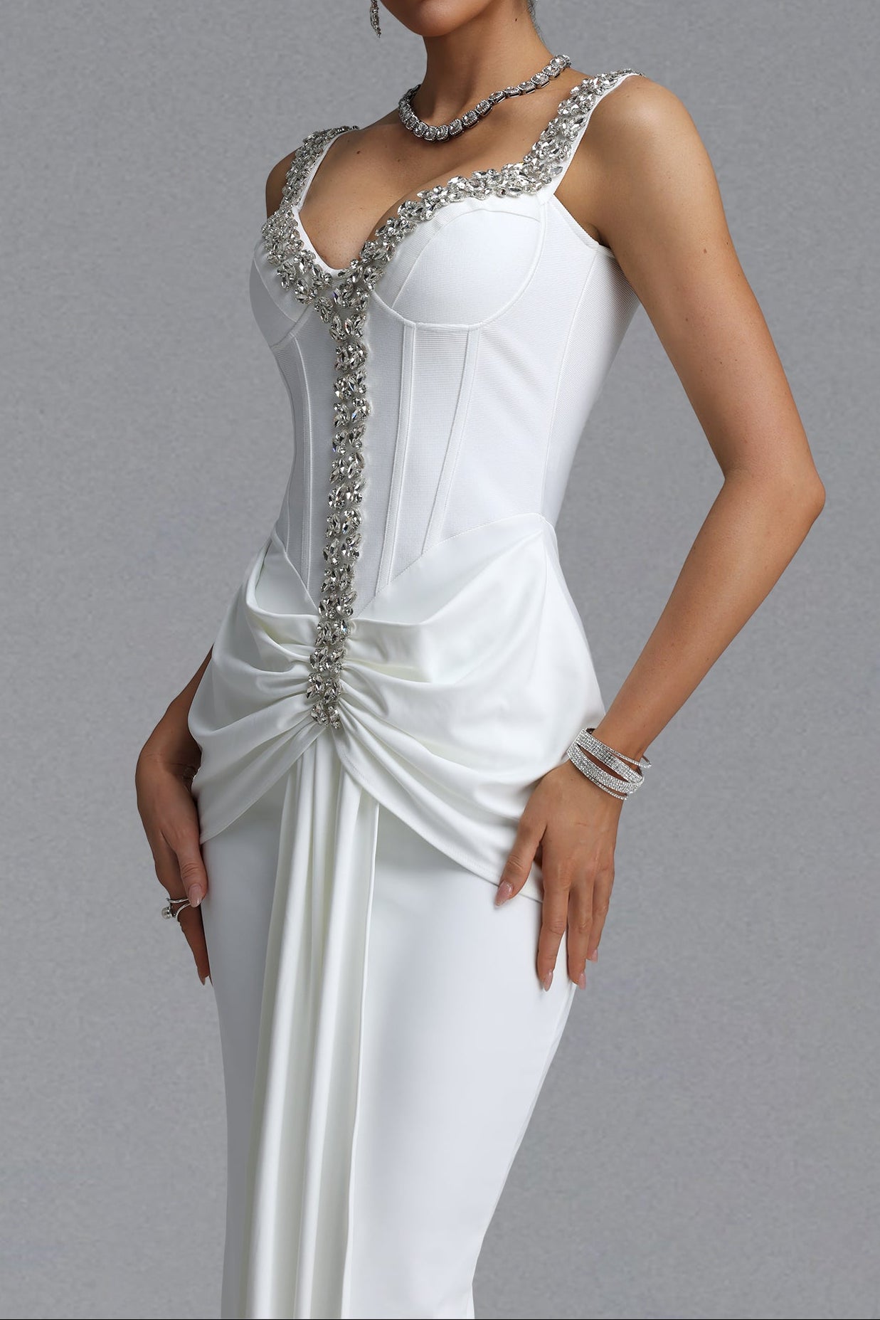 0a5668372f19f8f7ff12300c8288bb26 Rhinestone Trim Corset Draped Mermaid Maxi Dress