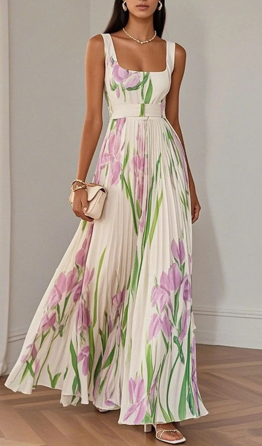 Fashionslee Women White Pleated Floral Chiffon Square Neck Sleeveless A-Line Maxi Dress