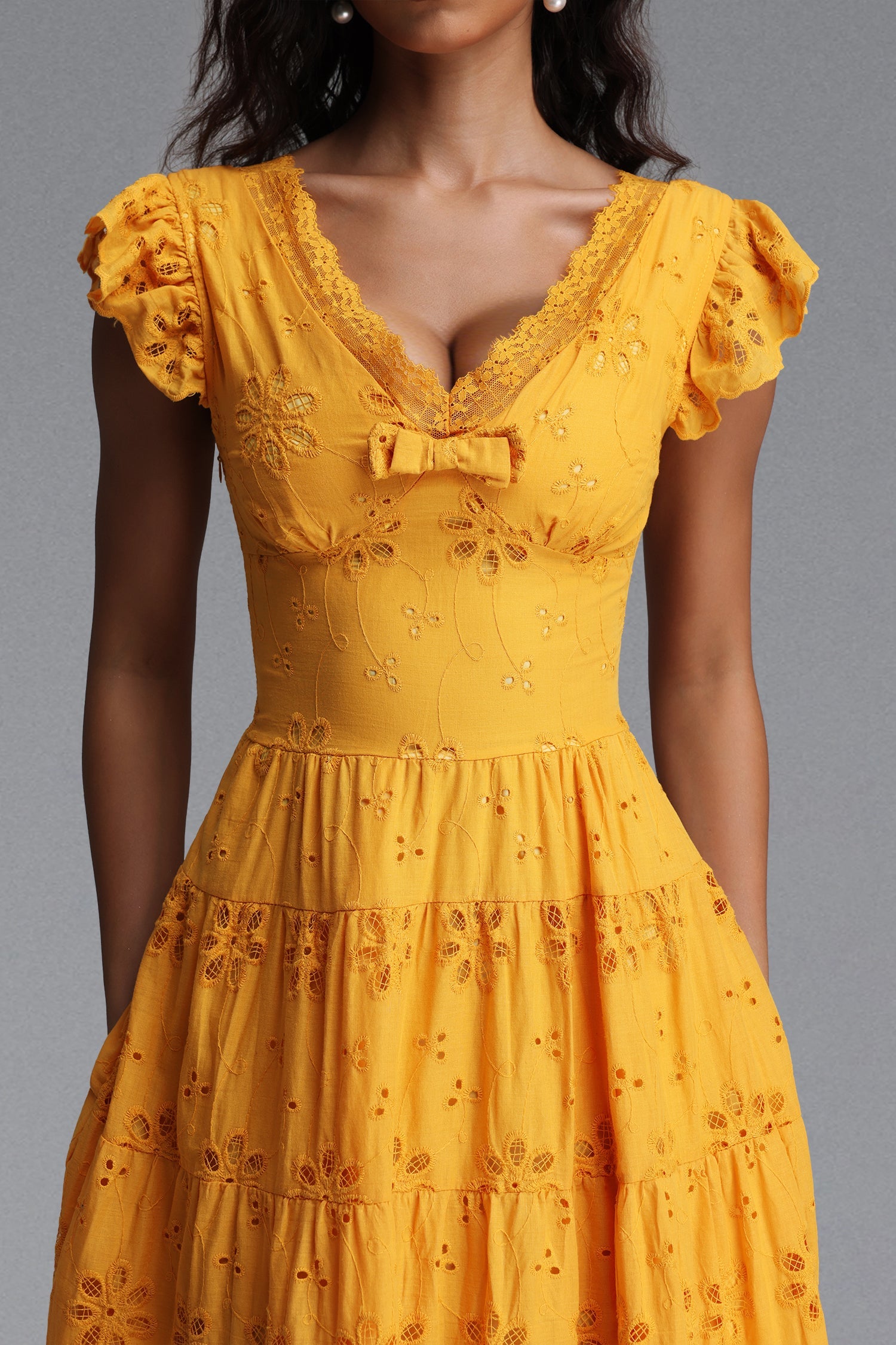 0a781037b721540fed704cf91eba28c5 Scallop V-Neck Ruffle Sleeve Eyelet Tiered Midi Dress