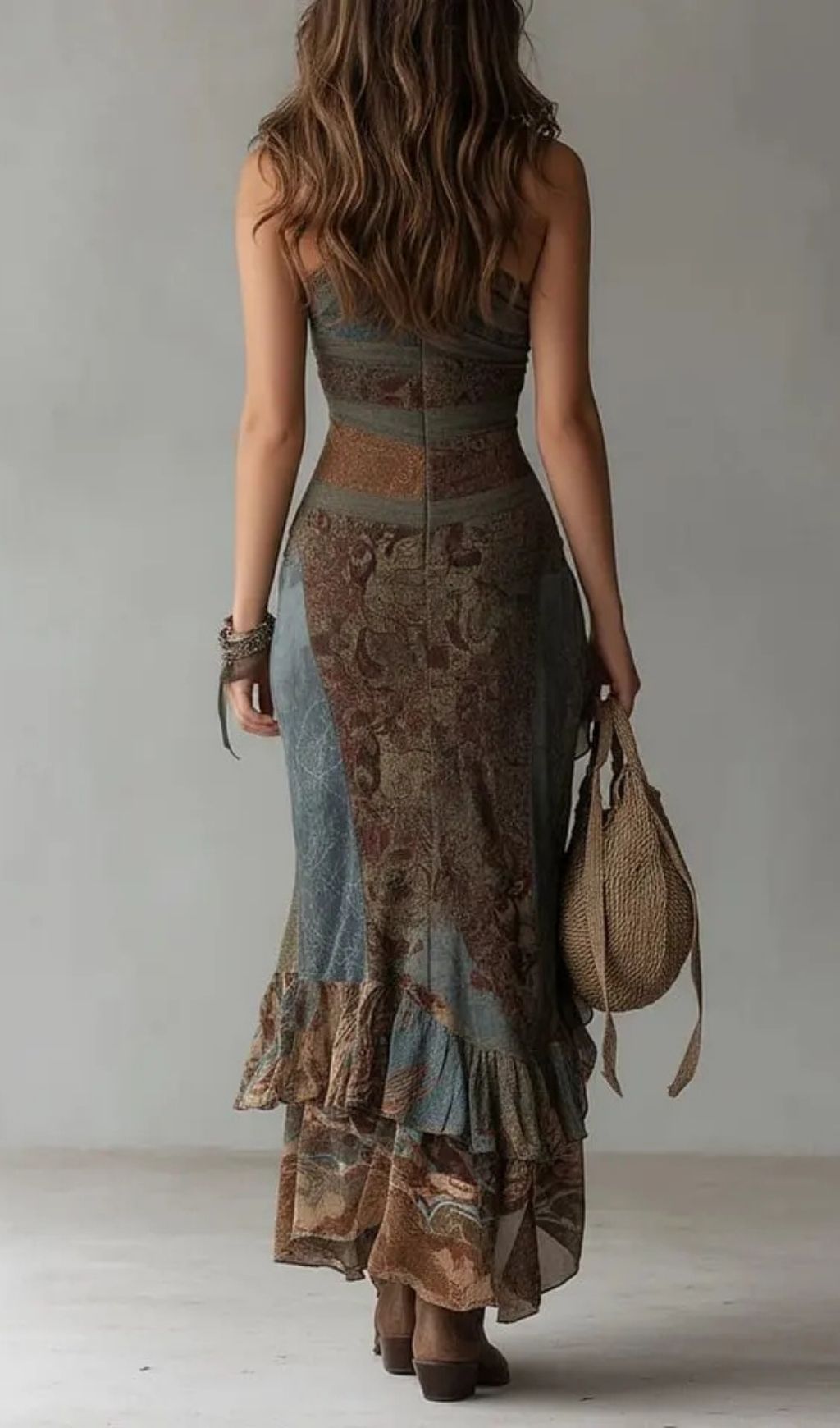 Fashionslee Women Ethnic-Style Printed One-Shoulder Maxi Dress with High Slit