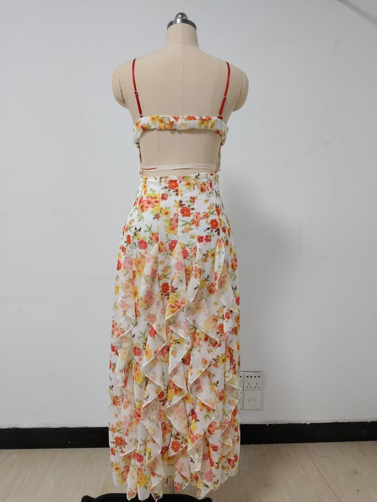 Floral Print Ruffle High Slit Maxi Dress – Red - OWNCI Floral Print Ruffle High Slit Maxi Dress – Red - OWNCI