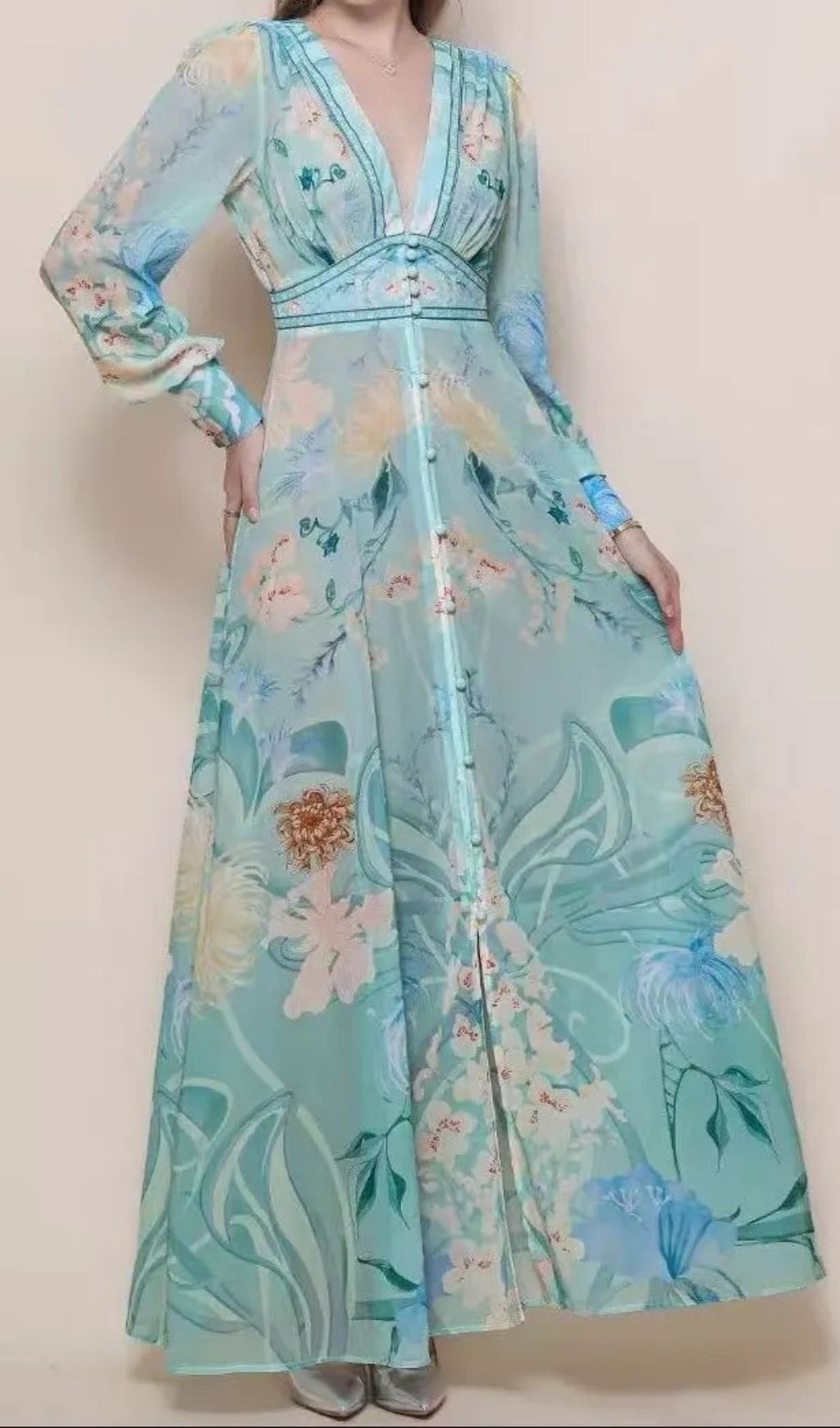 0adbb434eaaefebaec57608aa657ec48 Zanna Silk Floral V-Neck Maxi Dress