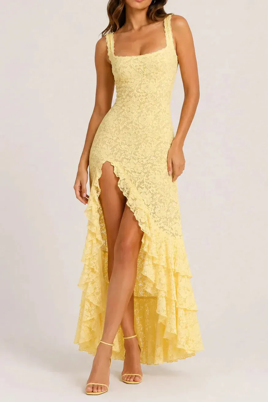 Irregular Ruffled Lace Patchwork High Slit Slip Maxi Dress - Yellow