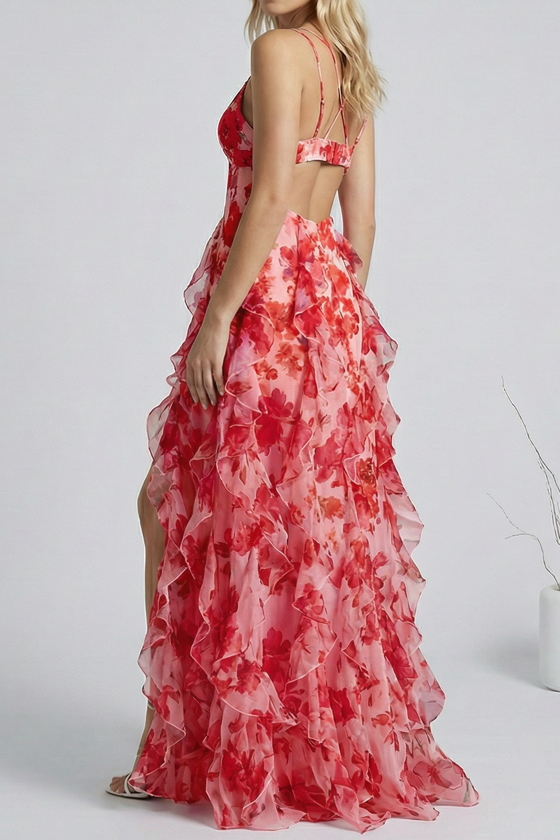 0b075cd918b629cc5fc3663f1cf9cef1 Floral Print Ruffle High Slit Maxi Dress - Red