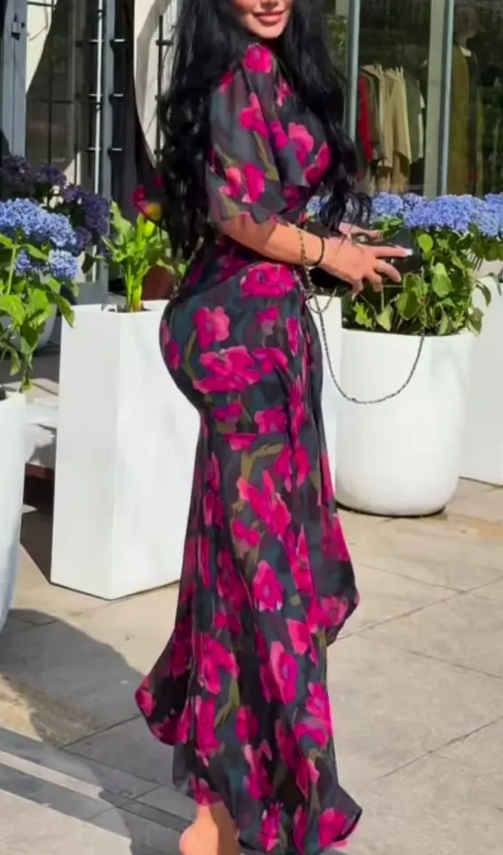 Retro V-Neck Trumpet Sleeve Printed Dress