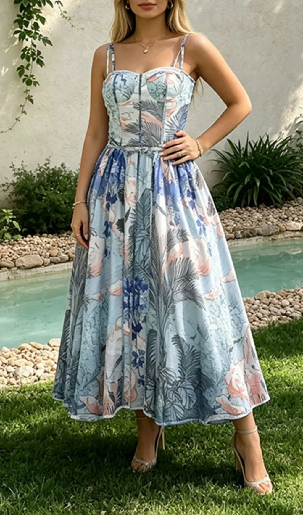 Fashionslee Women Maëva Blue Strappy Printed Maxi Dress