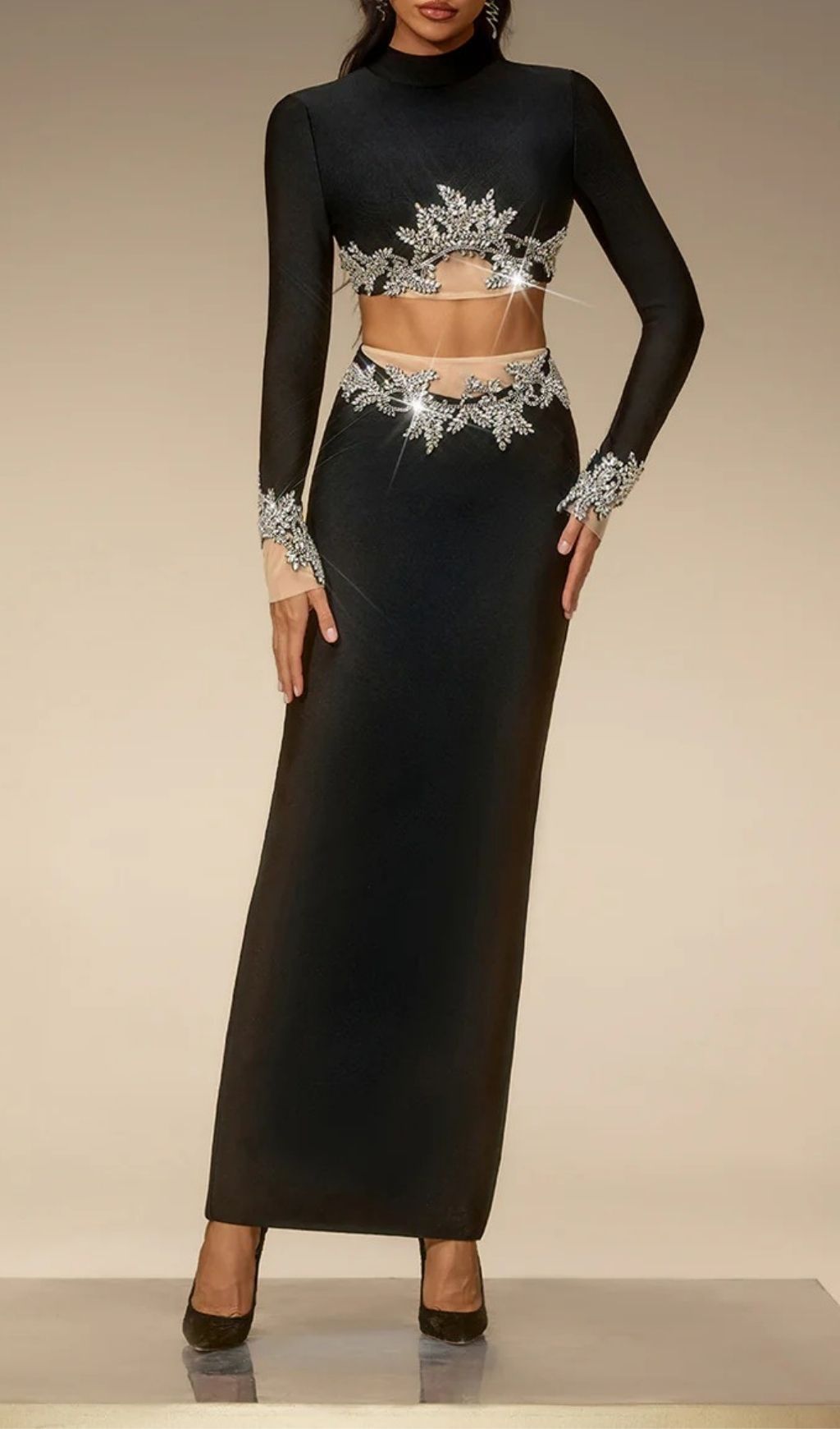 Fashionslee Women Selis Long Sleeve Rhinestone Bandage Skirt Set