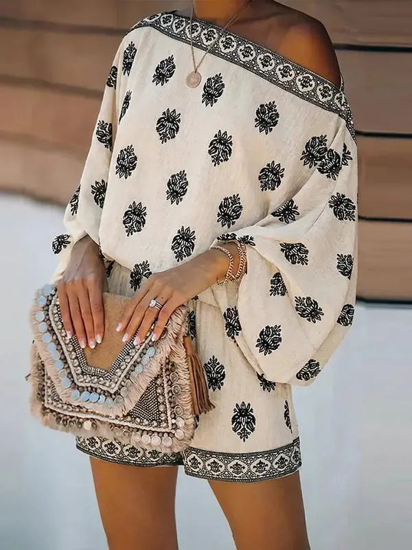 Baroque Print Off-Shoulder Lantern Sleeve Shorts Jumpsuit - OWNCI