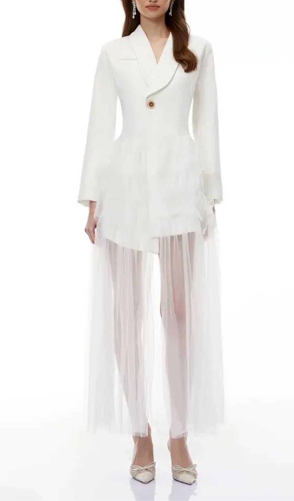 Illyria White Blazer Maxi Dress with Ruffled Tulle