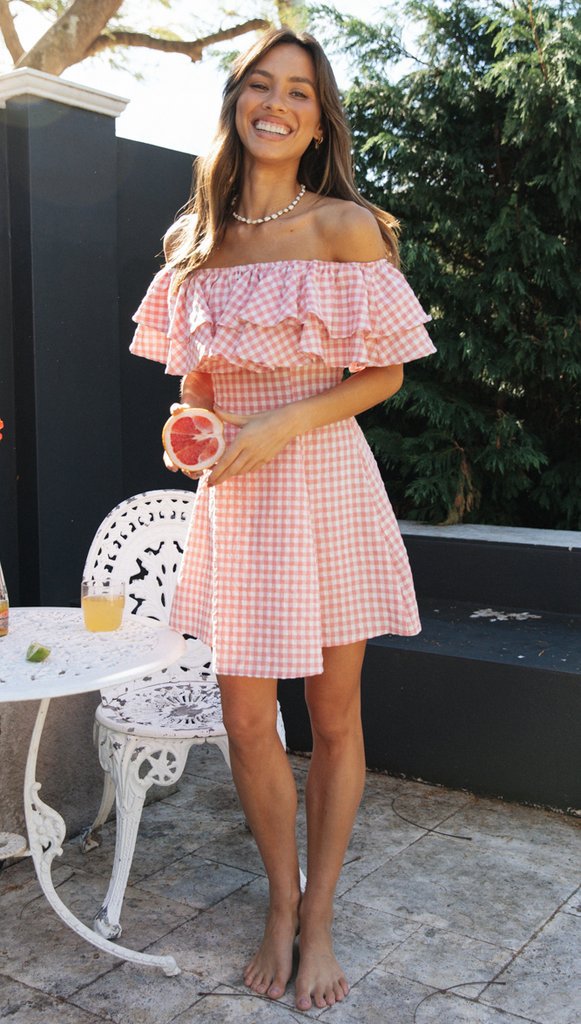 Off Shoulder Ruffle Plaid Mini Dress - Pink