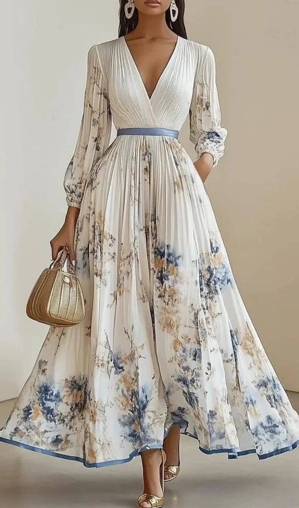 Fashionslee Women Spring New White Pleated Chiffon V Neck Floral Long Sleeve Balloon Sleeve A-Line Maxi Dress