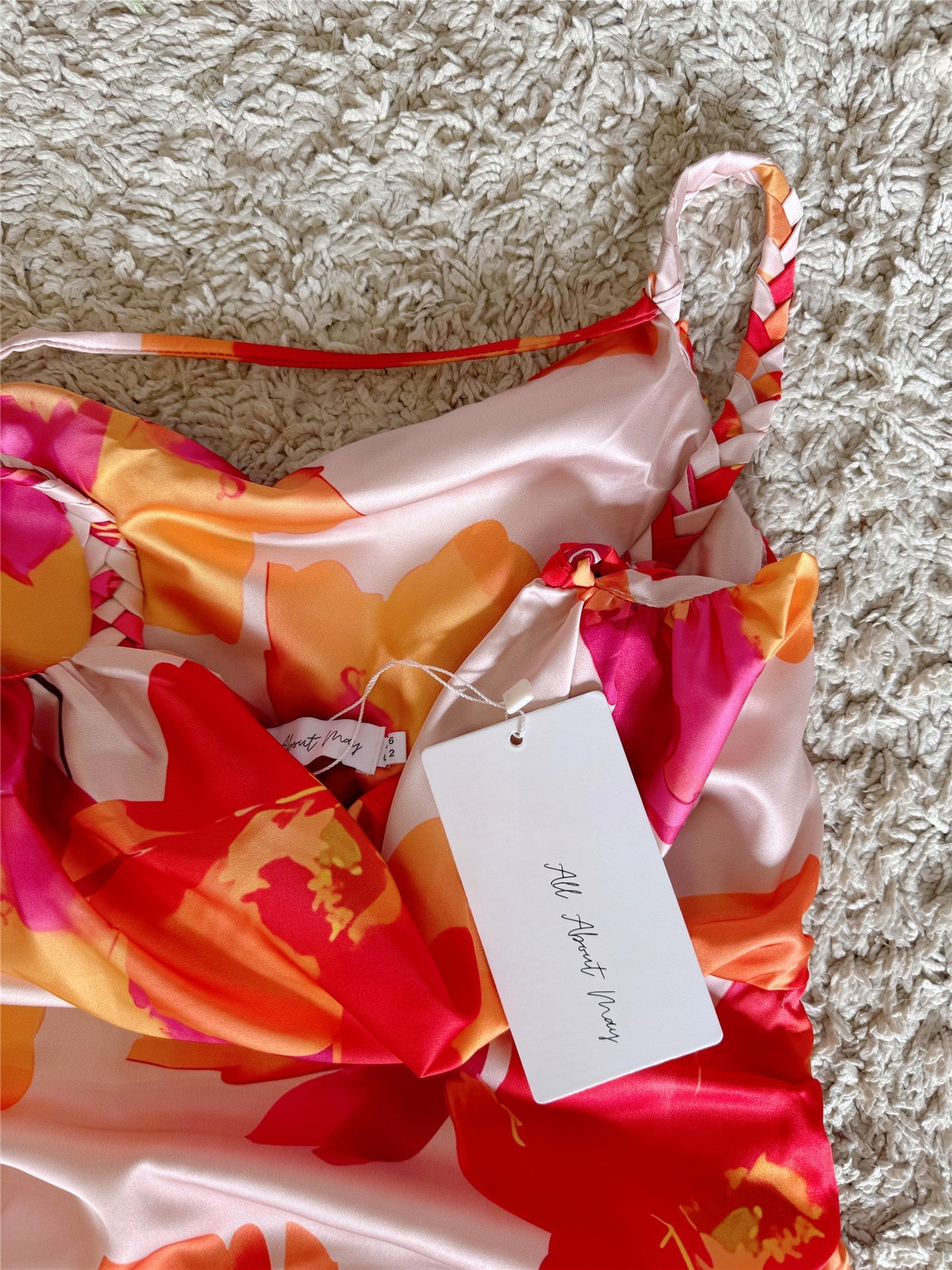 Satin Floral Wavy Collar Woven Spaghetti Strap Slit Dress
