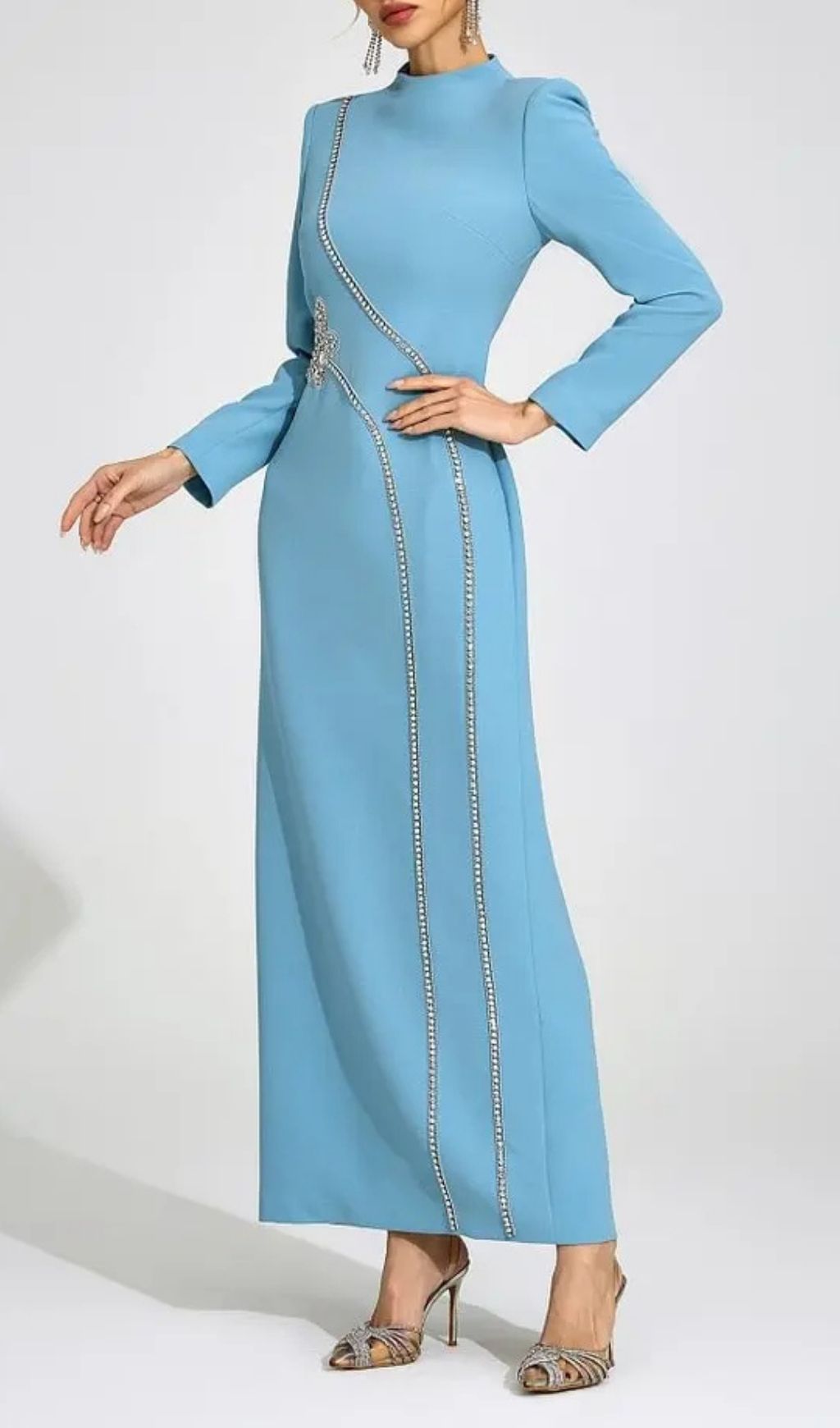 Nicola Diamond Embellished Long Sleeve Maxi Dress - Blue