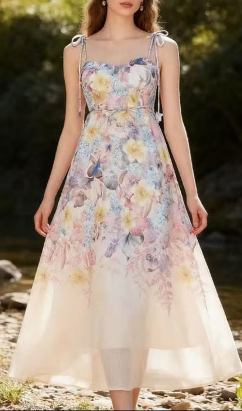 Pastel Floral Print Spaghetti Strap Midi Dress With 3D Flower Appliqués