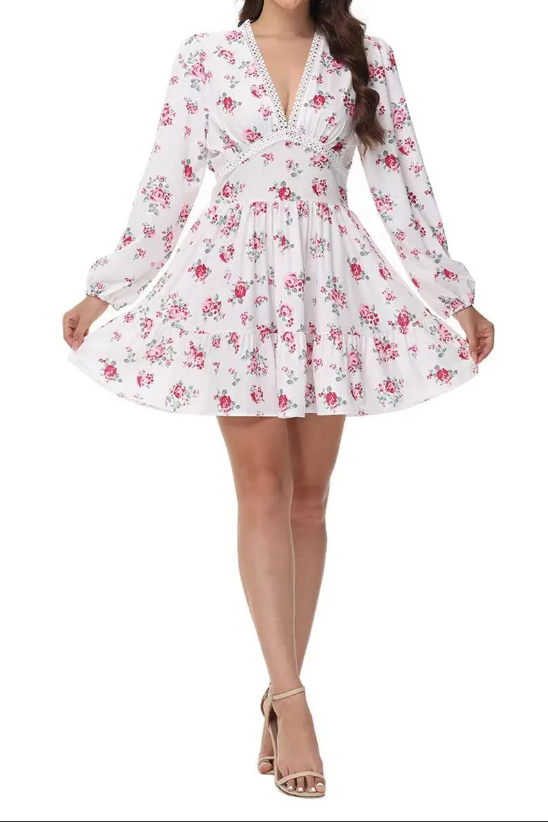 Printed V-Neck Puff Sleeve Lace Mini Dress