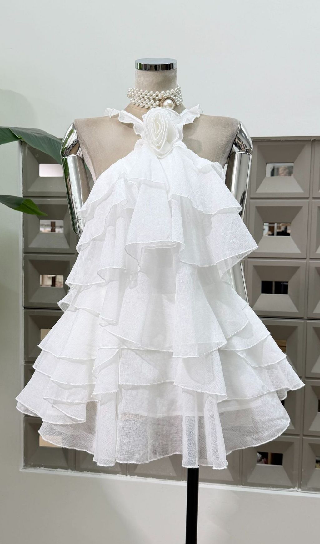 0d57c9acd71c4c6becd62fd53c641828 Rebecca Halterneck Ruffle Mini Dress In White