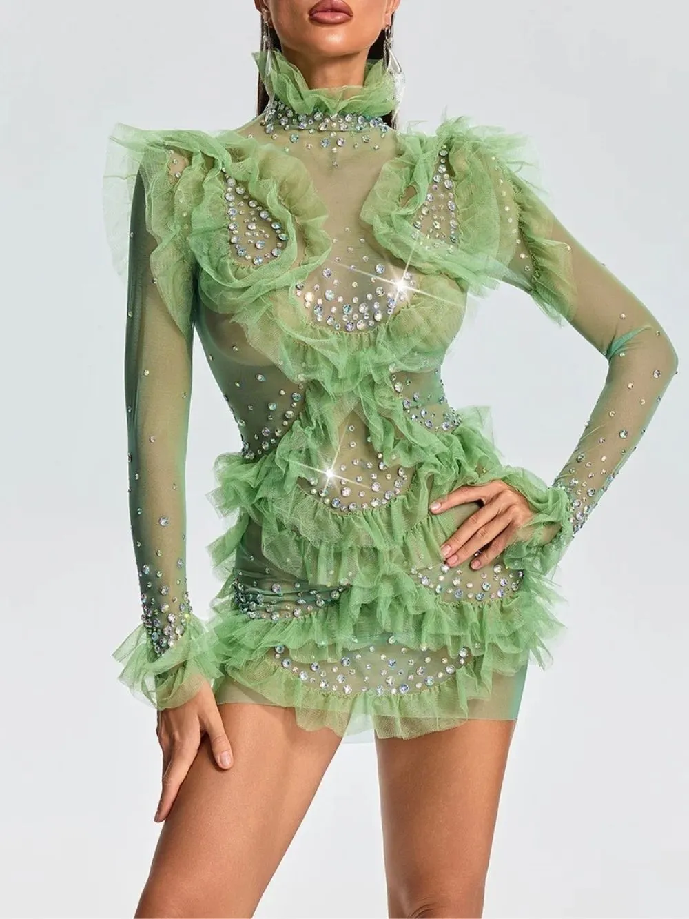 Euodia High Neck Tulle Ruffle Mesh Dress
