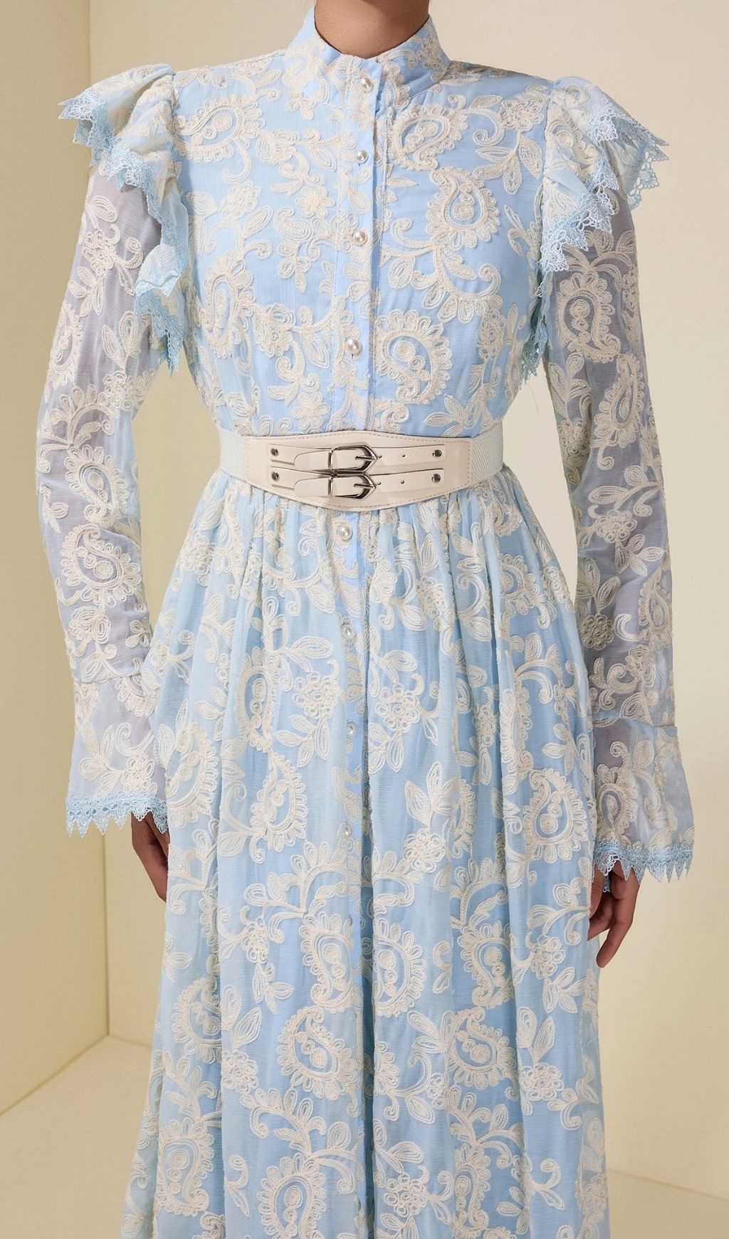 0db2d24ed835ca8ff3aa98bae4984954 Alma Chiffon Embroidered Single Breasted Midi Dress With Belt - Blue