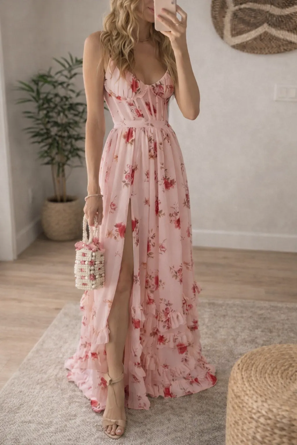0dc345cd47d98b12b108907329c31e76 V-Neck Floral Print High Slit Maxi Dress - Apricot