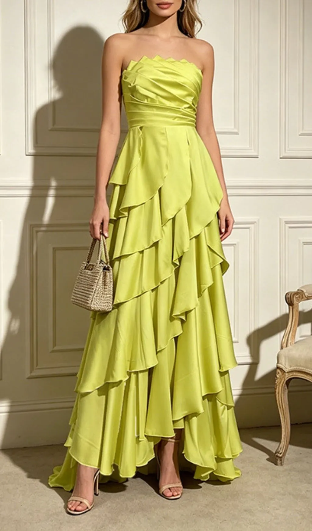 Fashionslee Women Lexie Green Strapless Ruched Ruffle Maxi Dress