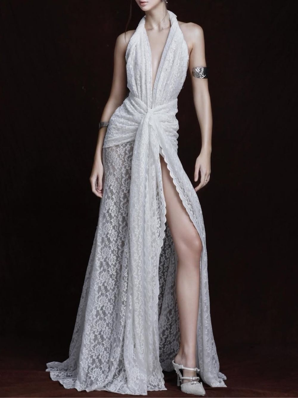 Fynderic Plunge Neck Lace Split Maxi Dress
