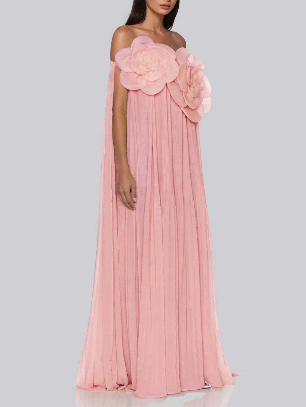 Fashionslee Women Grythalen Off Shoulder Flower Pleated Maxi Dress In Pink