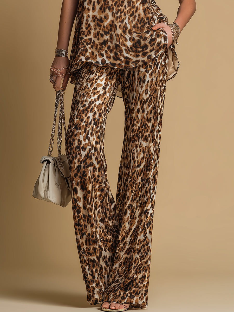 0e3db9111022209eaa6df575418dffc8 Elegant Leopard Print Sleeveless Chiffon Top And Flared Pants Set