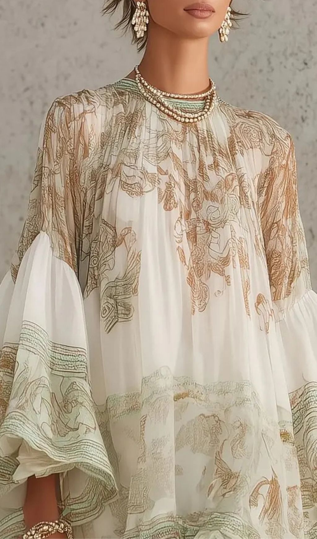 Green Print Ruffle Hem Flounce Sleeve Chiffon Mini Dress