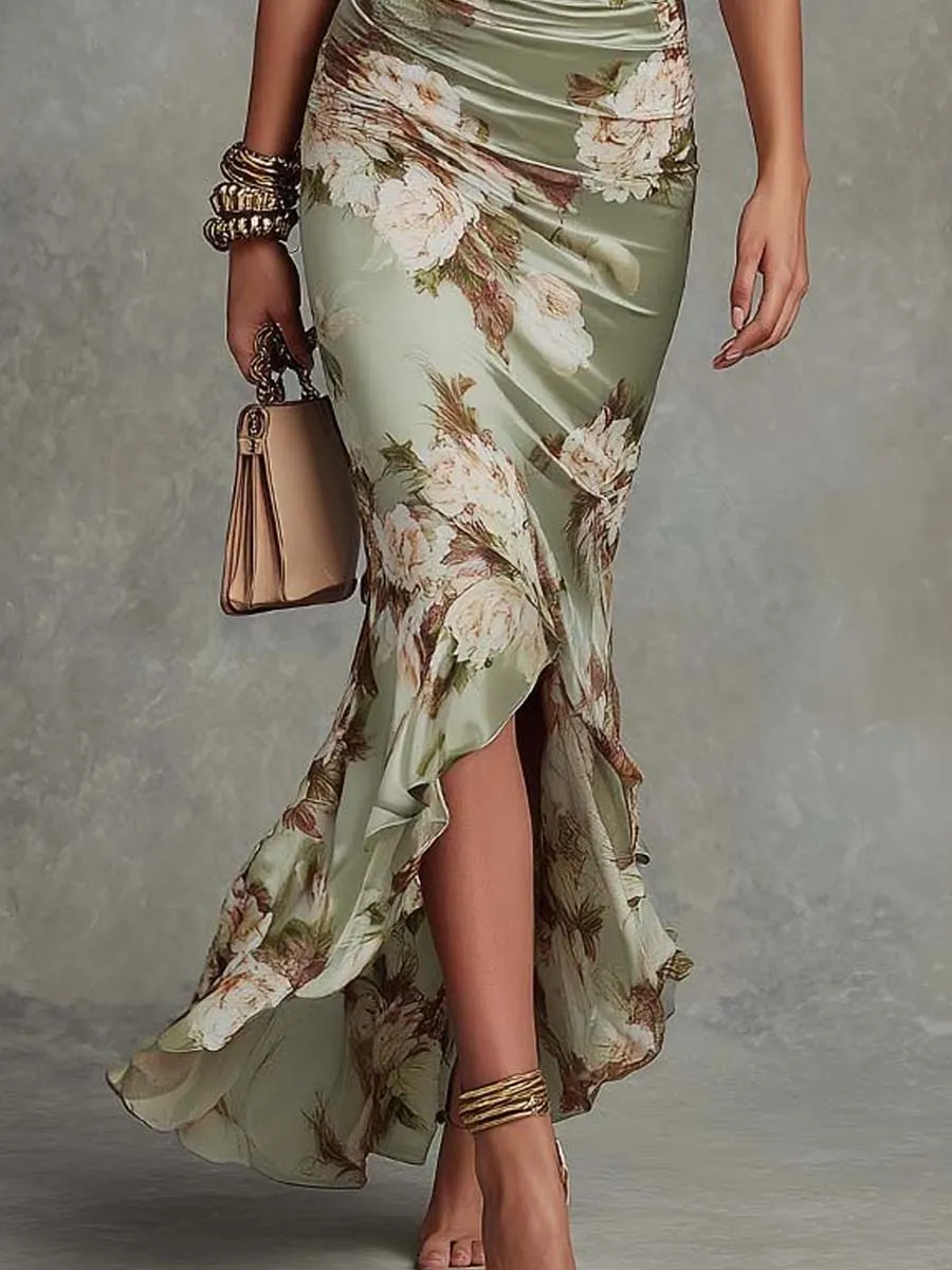 0e6257622bd661082e555dbda41c3c3d Green Floral Ruffled Bell Sleeve V-neck Satin Asymmetrical Maxi Dress