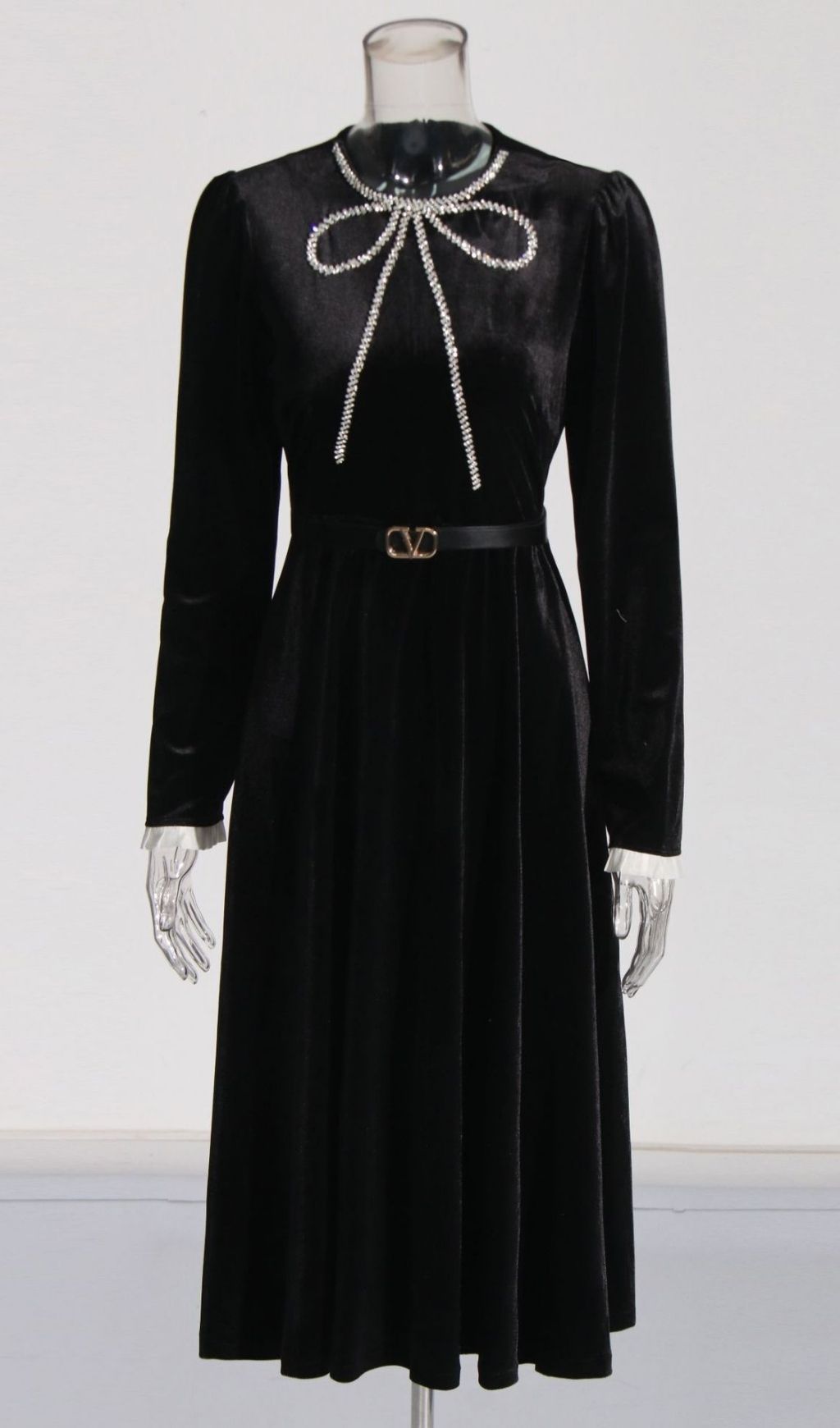 Fashionslee Women Macaria Black Bow Diamante Long Sleeve Midi Dress