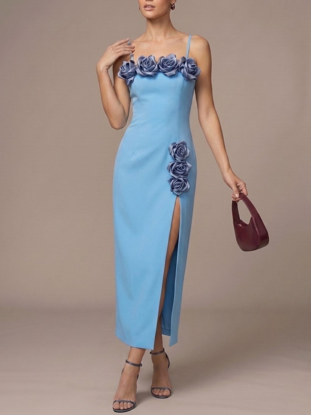 Maiara Blue Flower Embellished Midi Dress - OWNCI Maiara Blue Flower Embellished Midi Dress - OWNCI