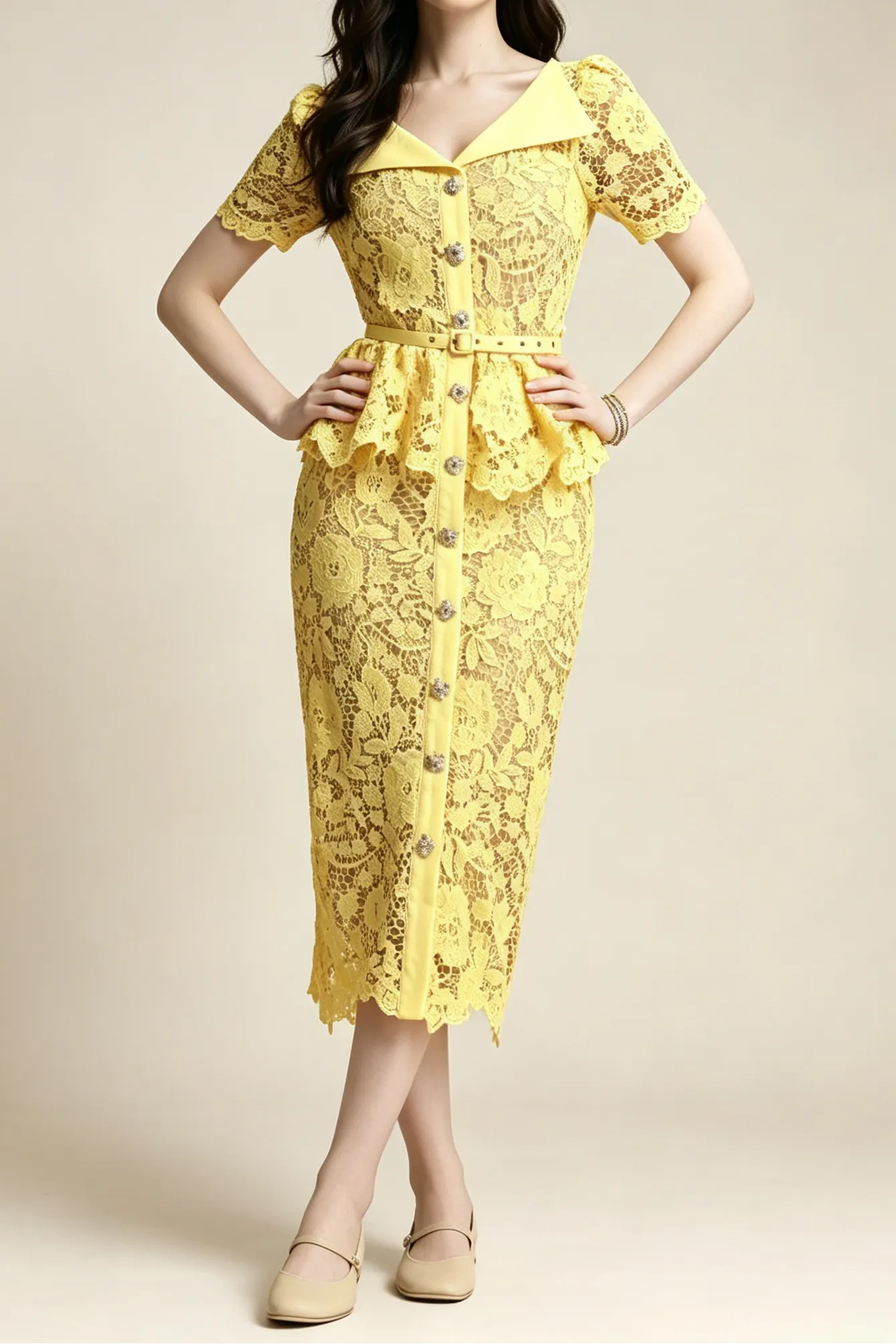Lemon Yellow Floral Lace Peplum Midi Dress with Lapel Collar & Crystal Buttons