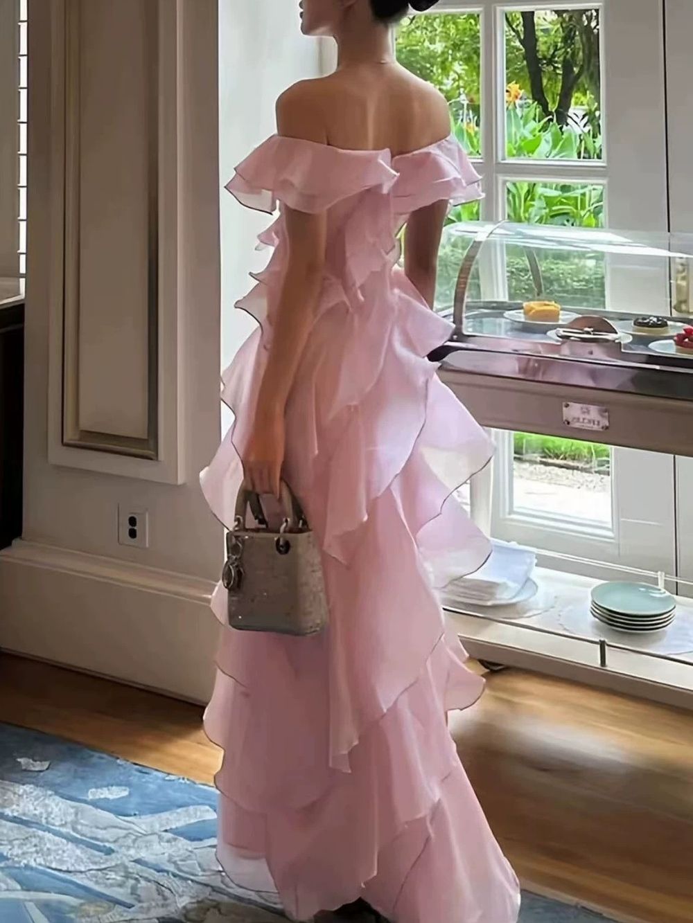 Off Shoulder Ruffled Layer Chiffon Maxi Evening Dress