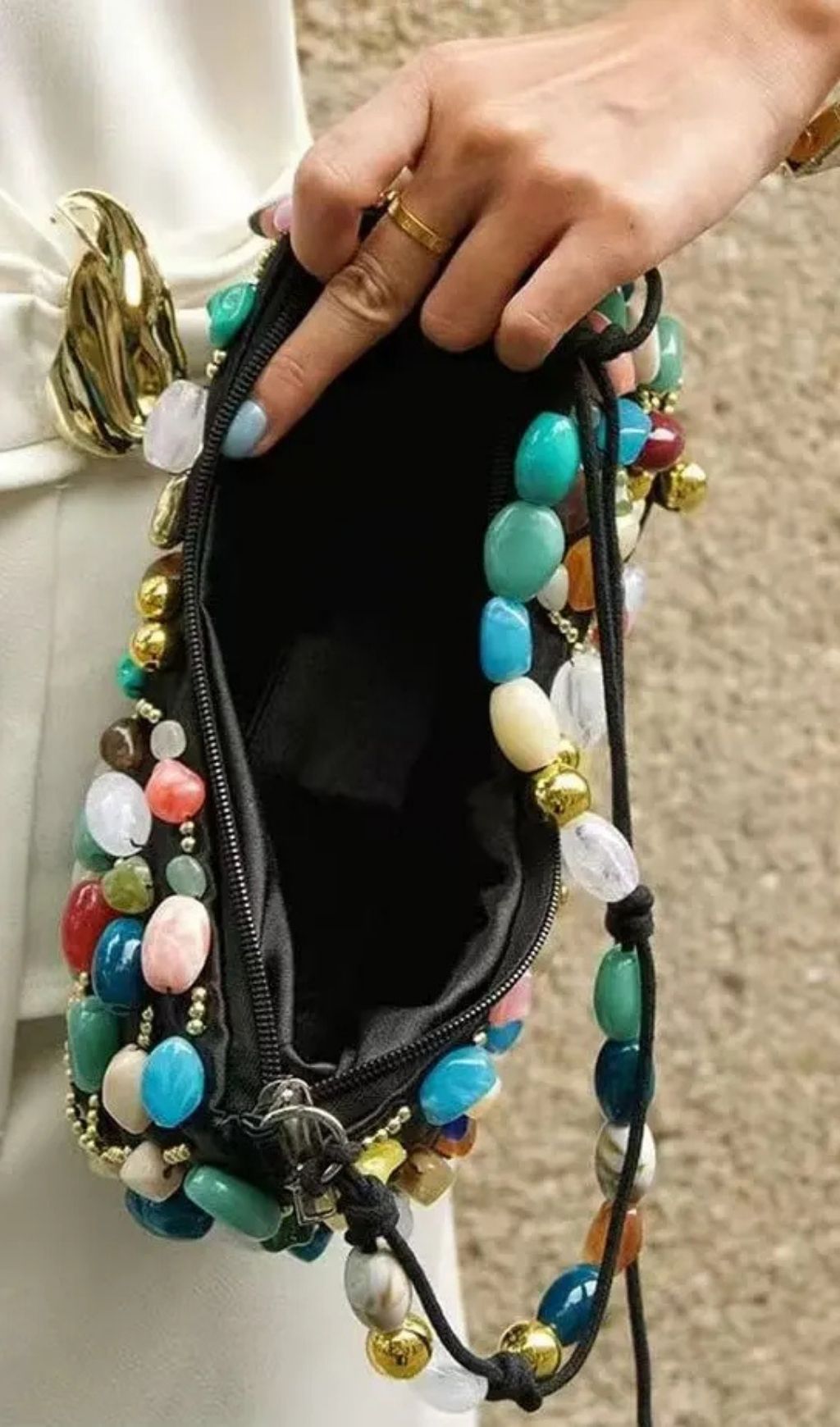 Beaded Crescent Shoulder Bag With Colorful Stone Embellishments - OWNCI Beaded Crescent Shoulder Bag With Colorful Stone Embellishments - OWNCI