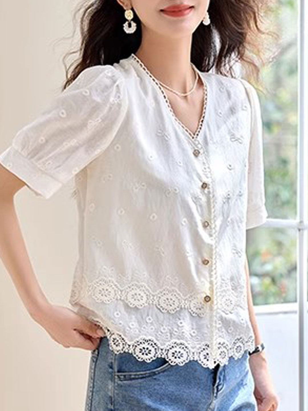 0ea2f9740f1a3dbc547d380e5bba7301 Sabina Loose V-Neck Hollowed Lace Top