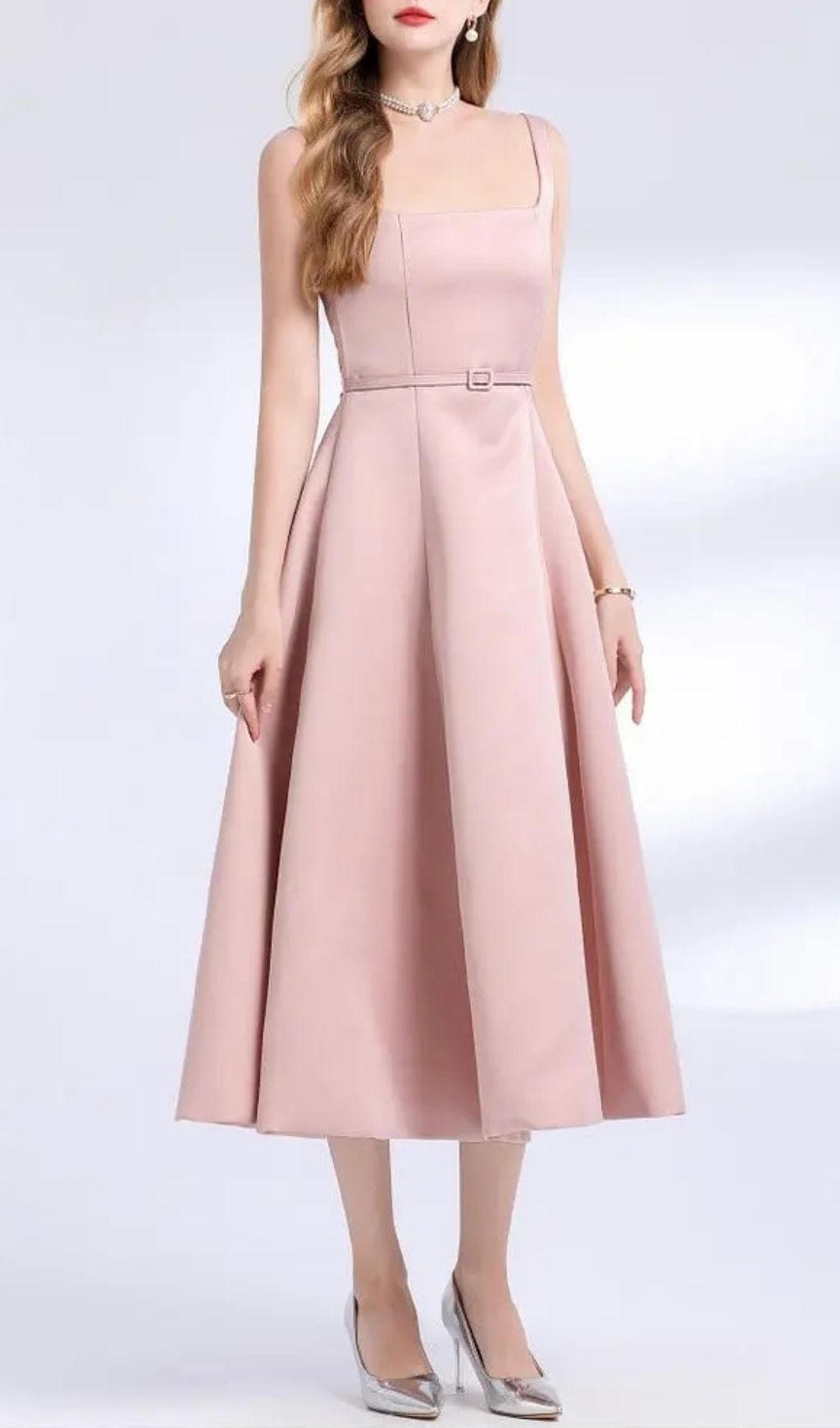 Amelia Square Neck Satin Slip Midi Dress - Pink