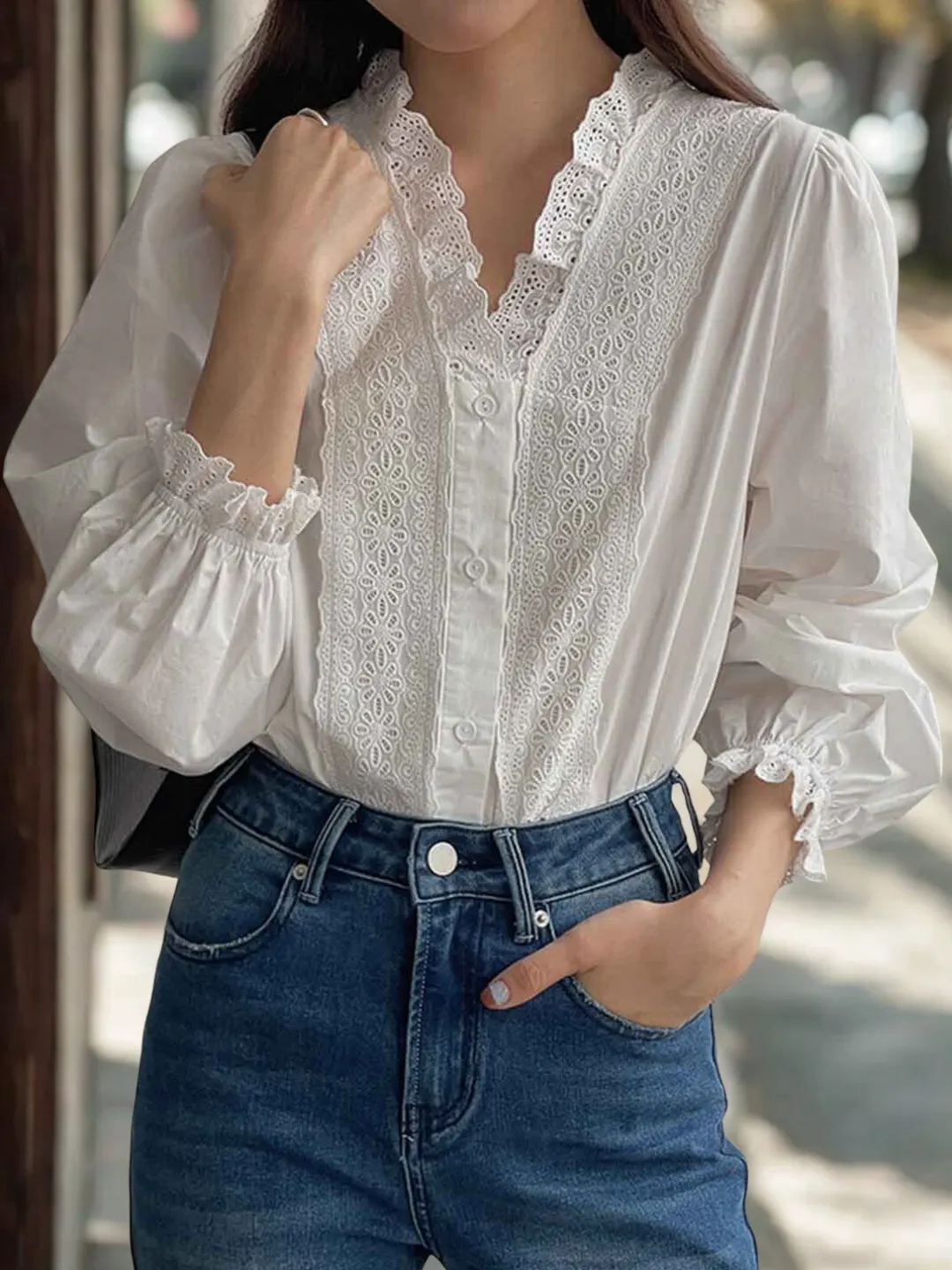 Olive Retro V-Neck Crocheted Lace Trim Top
