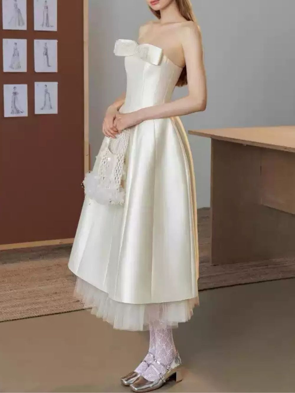 Makalia White Strapless Bow Midi Dress - OWNCI