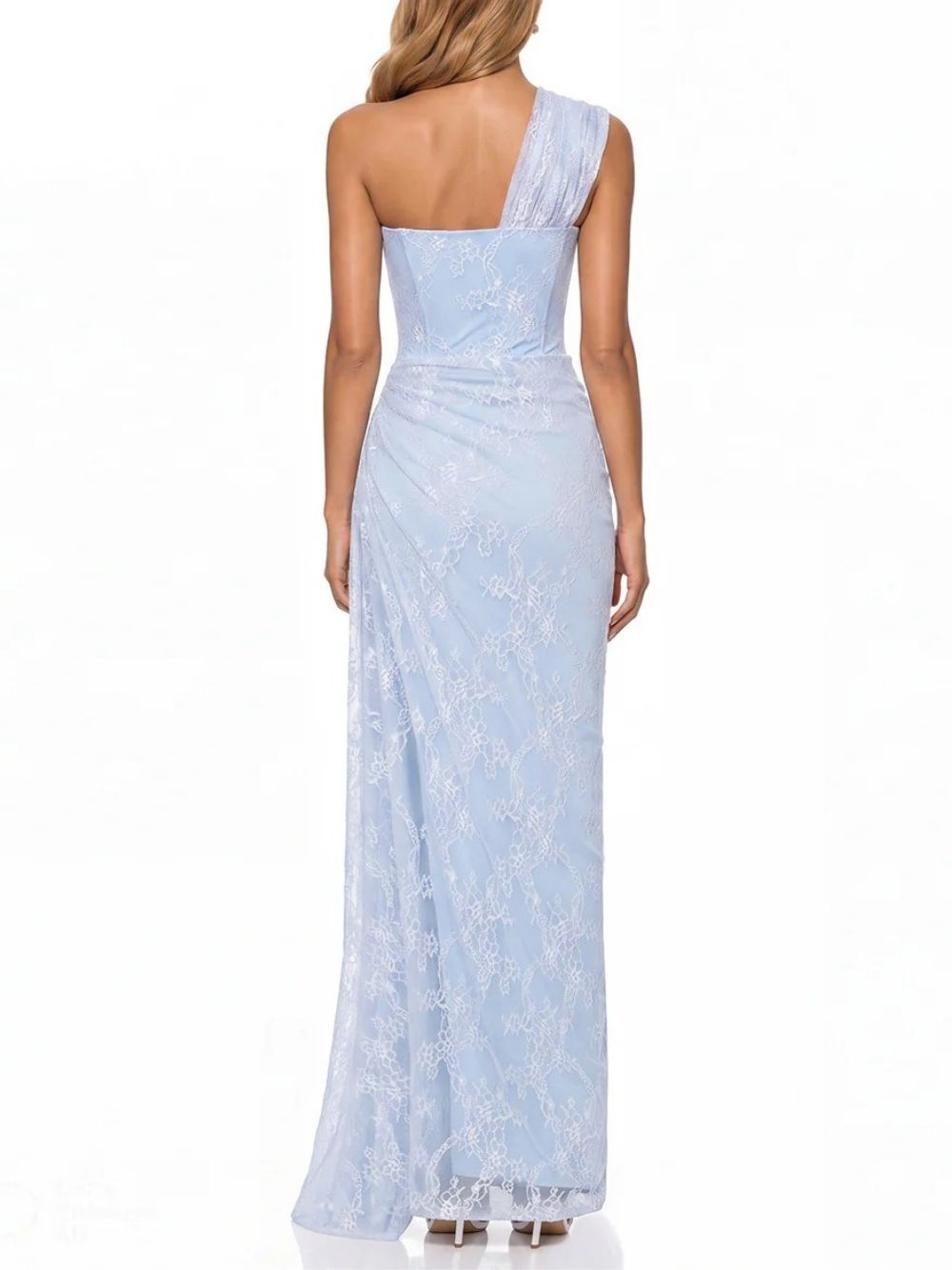 Fashionslee Women Lenric One Shoulder Ruched Lace Maxi Dress