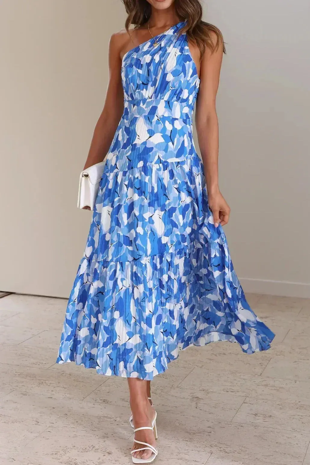 0fd93e4212bb9a41ff3e7d9bd74a38a0 Vivien One-Shoulder Floral Printed Midi Dress - Blue