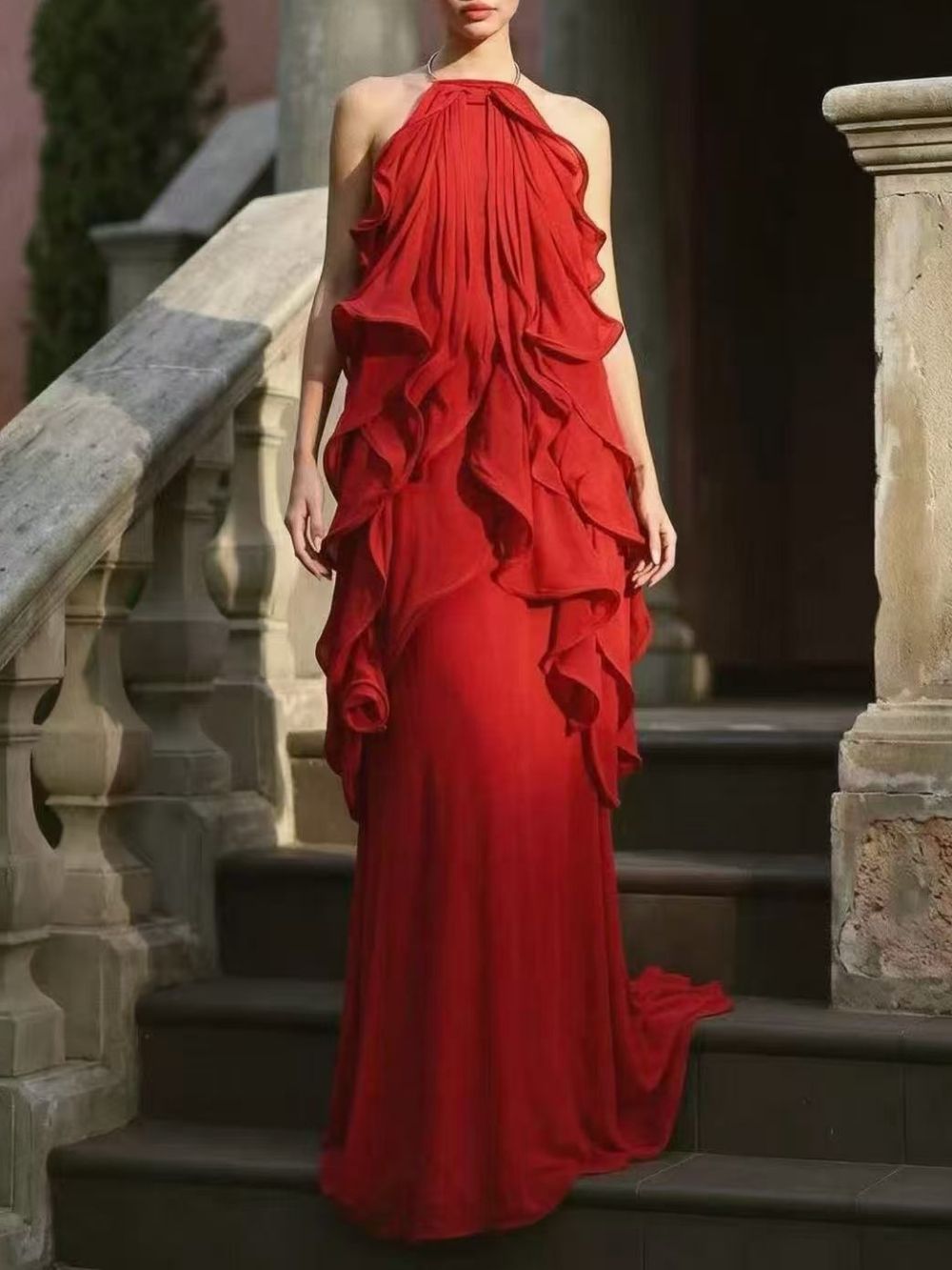Fashionslee Women Kaelum Backless Ruffle Maxi Dress In Red