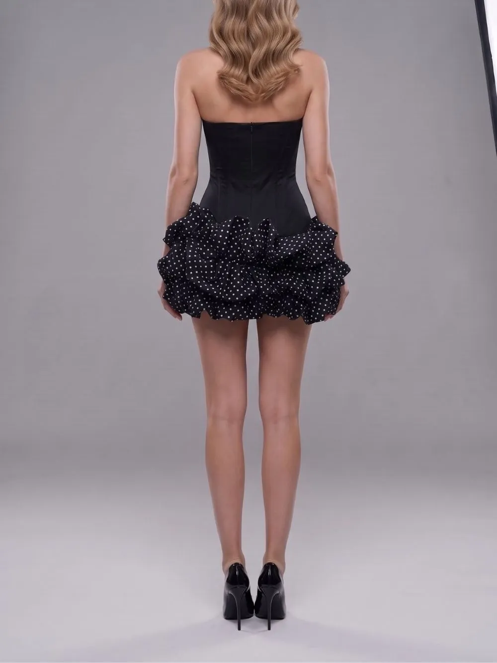 Maleni Black Strapless Bustier Polka Dot Bubble Dress - OWNCI