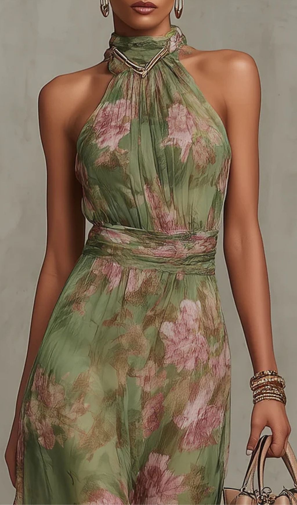 1052823b4212219fec43171aca7b8ffe.jpg Fashionslee Women Green Floral Chiffon Halter Maxi Dress