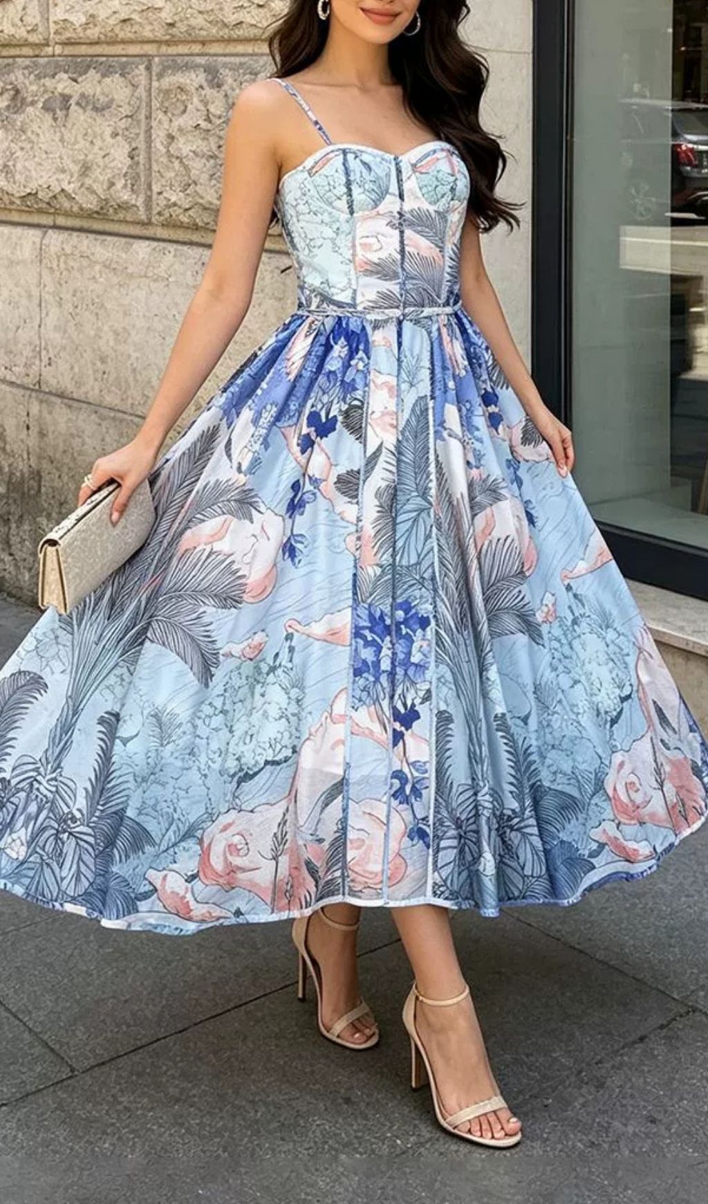 Fashionslee Women Maëva Blue Strappy Printed Maxi Dress